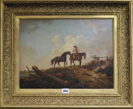 An 18th century oil on canvas of a horse and rider, signed Courbold 33x46cm